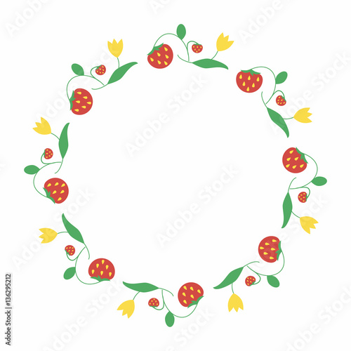 Round frame of flowers and strawberries. Simple spring decoration of the plant elements in a flat style. Berries and tulips.