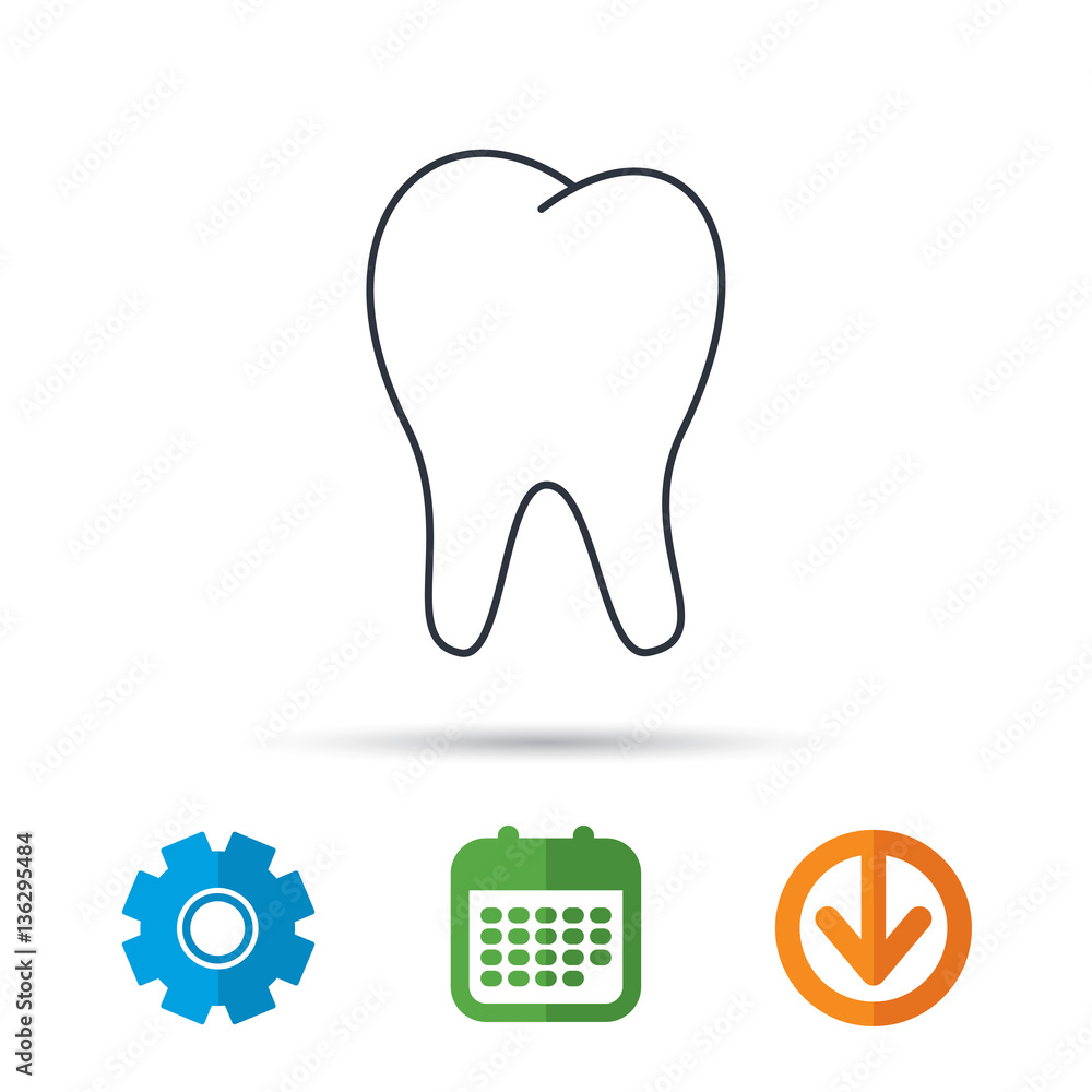 Obraz premium Tooth icon. Stomatology sign. Dental care symbol. Calendar, cogwheel and download arrow signs. Colored flat web icons. Vector