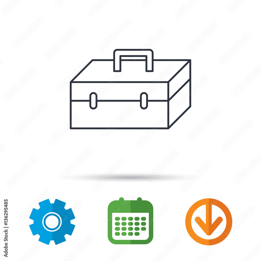 Toolbox icon. Repair instruments sign. Calendar, cogwheel and download arrow signs. Colored flat web icons. Vector Toolbox icon. Repair instruments sign. Calendar, cogwheel and download arrow signs. Colored flat web icons. Vector