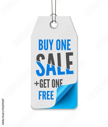 Price labels sale. Realistic vector illustration of paper isolated on white background tag with curl corner and inscription Buy one - Get on free