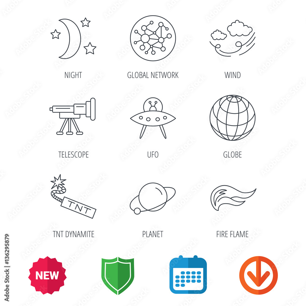Ufo, planet and telescope icons. World, global network and night linear signs. TNT dynamite, fire flame and wind flat line icons. New tag, shield and calendar web icons. Download arrow. Vector Ufo, planet and telescope icons. World, global network and night linear signs. TNT dynamite, fire flame and wind flat line icons. New tag, shield and calendar web icons. Download arrow. Vector