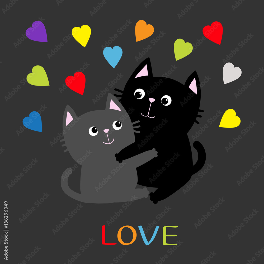 Black Gray Cat hugging couple family. Rainbow color hearts Hug, embrace,  cuddle. Love Greeting card. Cute funny cartoon character. Kitty Whisker  Baby pet Dark background. Isolated. Flat design. Stock Vector | Adobe