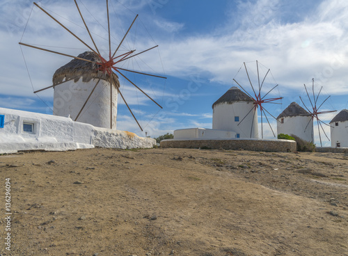 The famous windmills at the port of Mykonos, Cyclades, Greece du