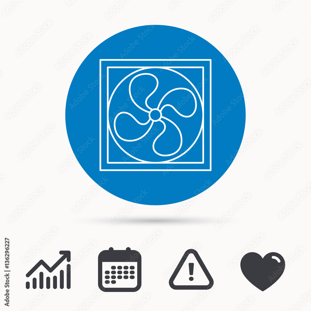 Ventilation icon. Fan or propeller sign. Calendar, attention sign and growth chart. Button with web icon. Vector Ventilation icon. Fan or propeller sign. Calendar, attention sign and growth chart. Button with web icon. Vector