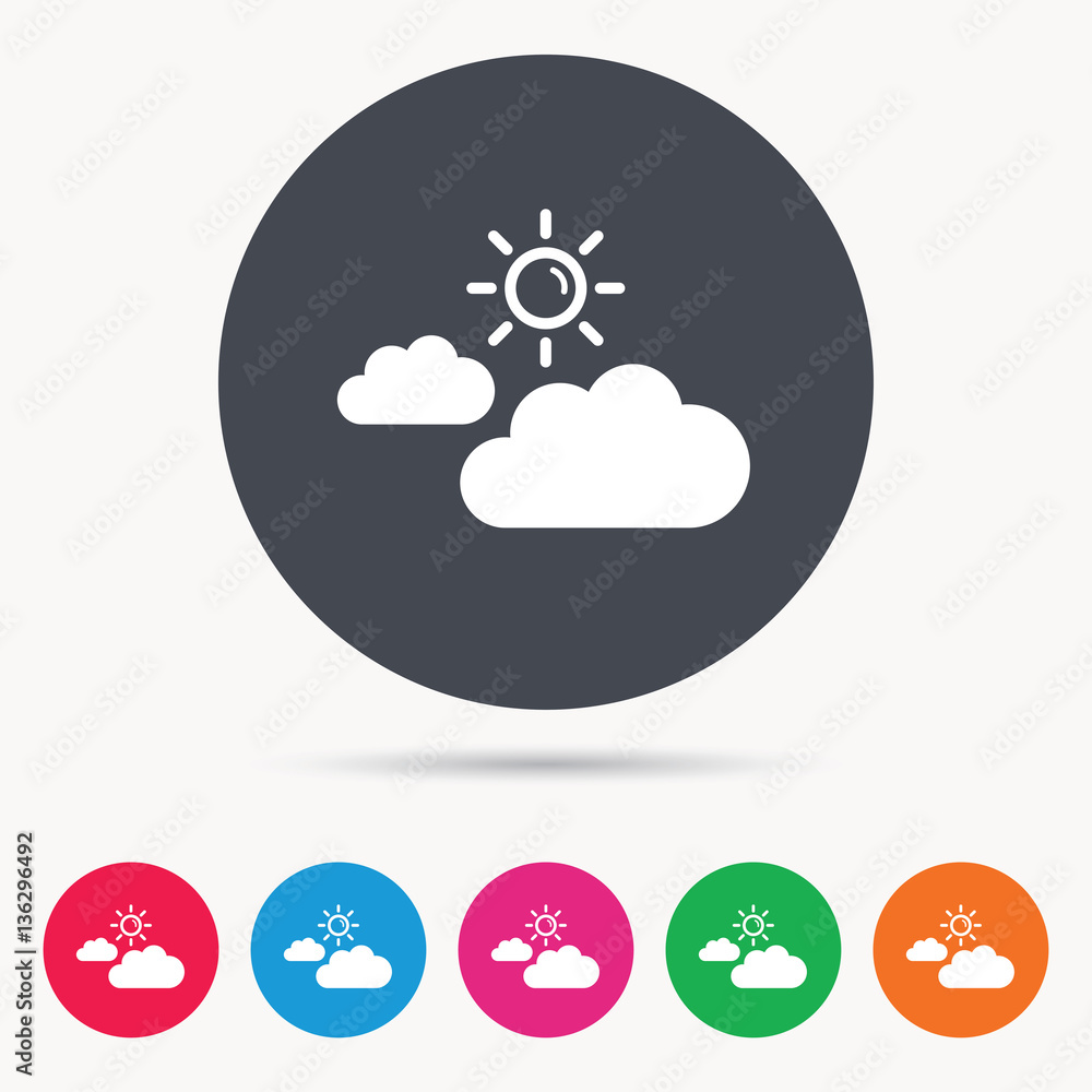 Cloud with sun icon. Sunny weather symbol. Colored circle buttons with flat web icon. Vector Cloud with sun icon. Sunny weather symbol. Colored circle buttons with flat web icon. Vector