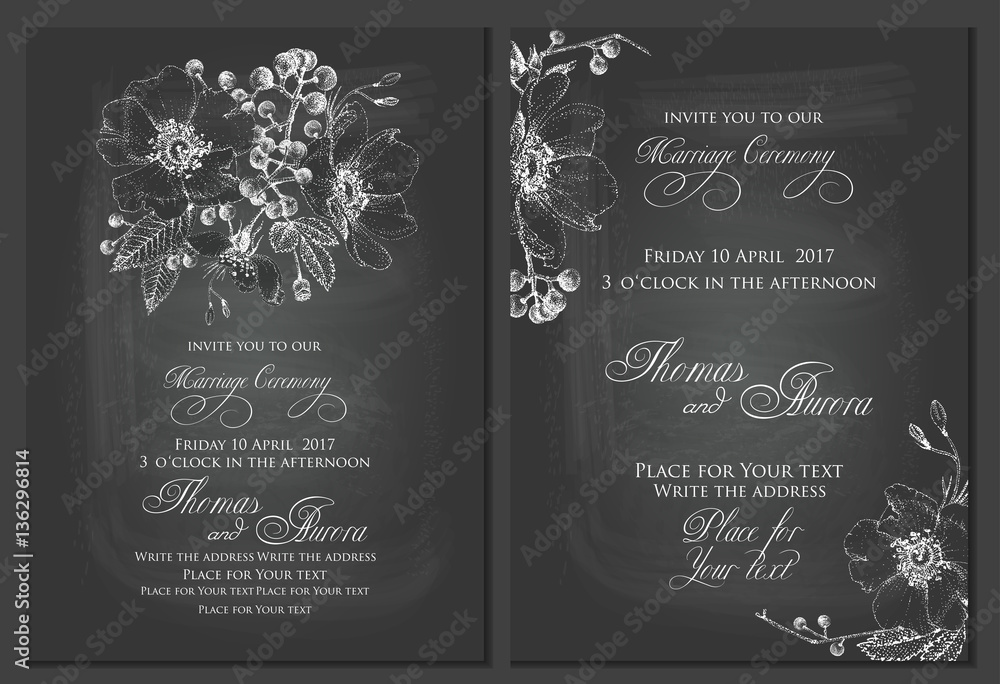 Set of two templates for cards or invitations. Black and white. Chalk drawing on blackboard. Vector illustration. Pointillism style.