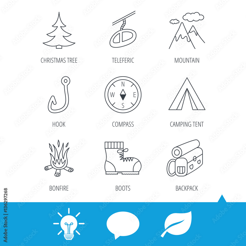 Mountain, fishing hook and hiking boots icons. Compass, backpack and bonfire linear signs. Camping tent, teleferic and christmas tree icons. Light bulb, speech bubble and leaf web icons. Vector Mountain, fishing hook and hiking boots icons. Compass, backpack and bonfire linear signs. Camping tent, teleferic and christmas tree icons. Light bulb, speech bubble and leaf web icons. Vector