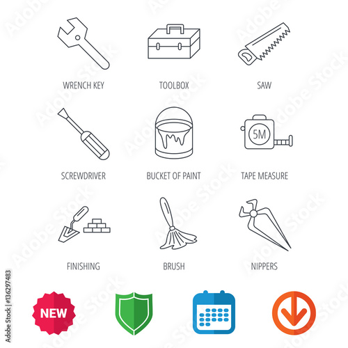 Wrench key, screwdriver and paint brush icons. Toolbox, nippers and saw linear signs. Finishing spatula icon. New tag, shield and calendar web icons. Download arrow. Vector