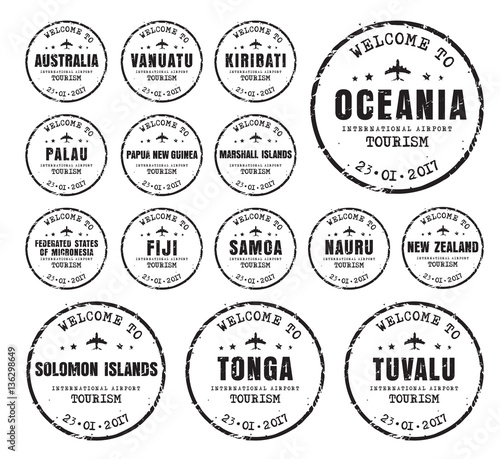 Set of old stamps with the name of the cores Oceania.