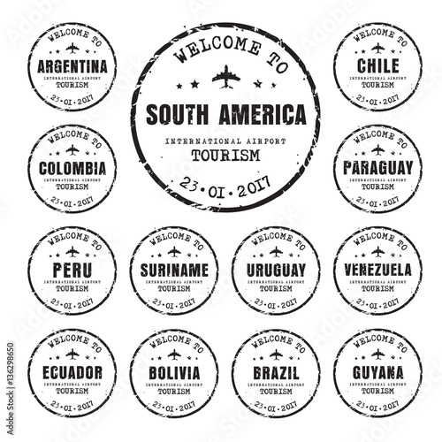 old stamps with the name of the South American countries.
