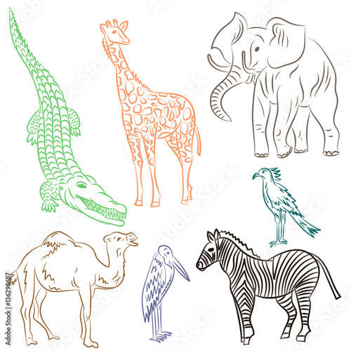 Colorful Hand Drawn African Animals and Birds. Doodle Drawings of Elephant  Zebra  Giraffe  Camel  Marabou and Secretary-bird. Sketch Style. Vector Illustration.