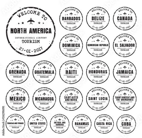 Set of old worn stamps with the name of the countries of North A