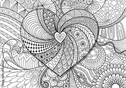 Hearted shape on floral background for Valentine's card, wedding invitation and adult coloring book pages.