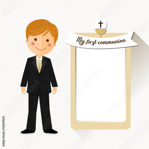 Child costume in her first communion dress invitation with message on ocher color background