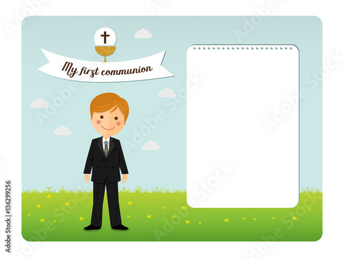 Child costume in her first communion dress invitation