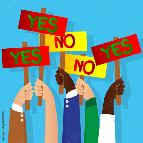 Vector illustrated cartoon hands holding yes and no vote signs.