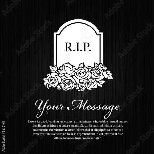 Funeral card - Grave Stone With The Word R.I.P. and rose on black wood background vector design