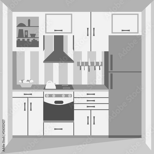stylish kitchen with oven and refrigerator, vector, illustration