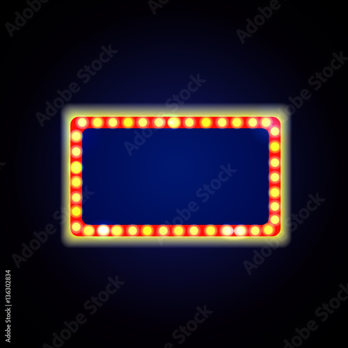 Retro Showtime Sign Design. Neon Lamps billboard on dark background. American advertisement, vector illustration. Cinema and theater Signage Light