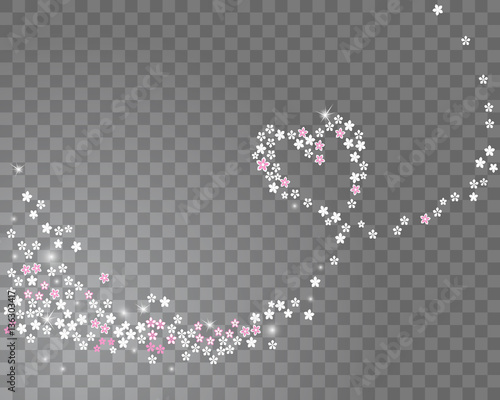 Sparkling line heart stream from sakura flowers on a transparent background. Abstract love background for your spring holidays design. Vector illustration