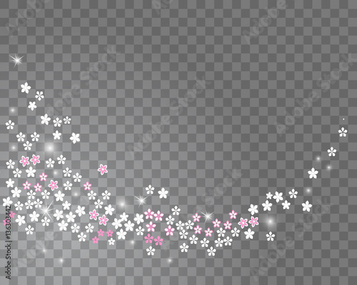 Sparkling stream from sakura flowers on a transparent background. Abstract spring background for your greeting cards design. Hello Spring. Vector illustration