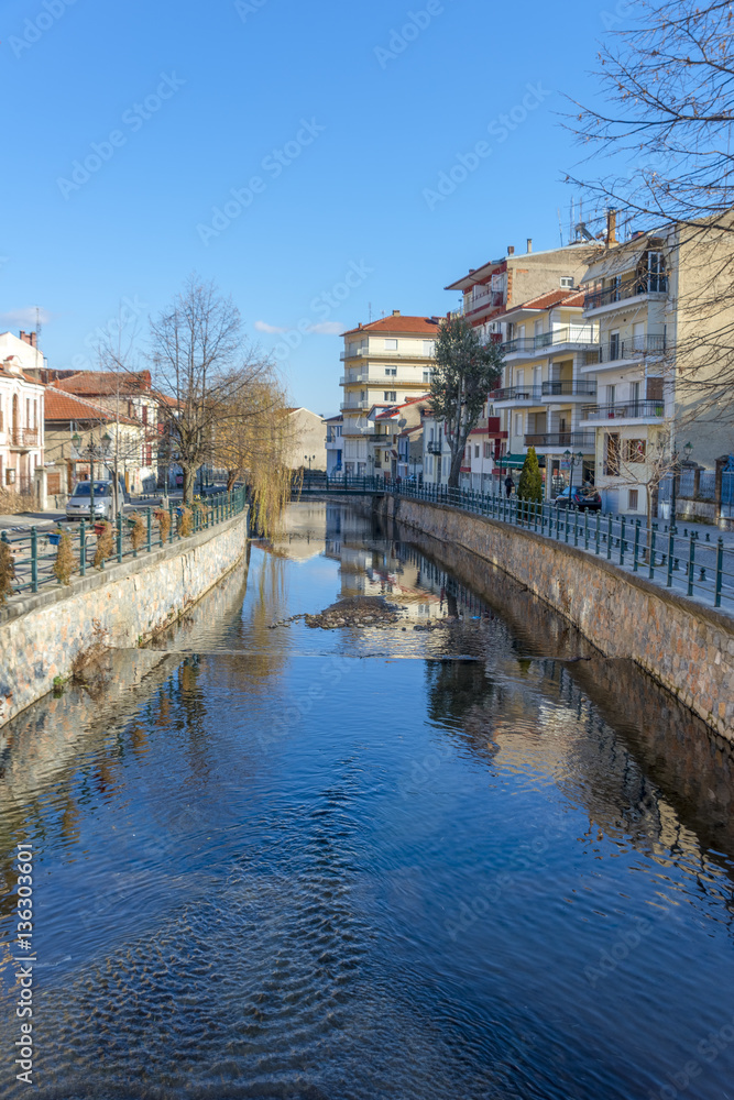 The picturesque centre of Florina, Greece. River crossing across