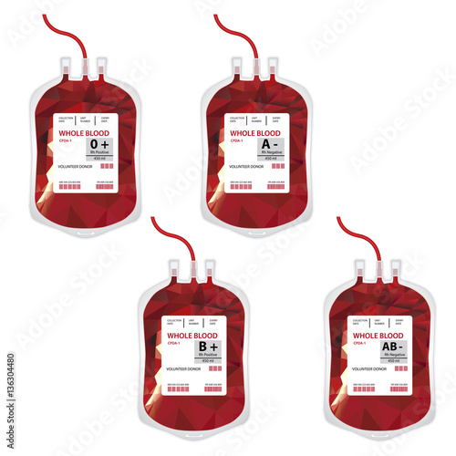 Vector illustration blood bag with label different blood group ABO and Rh system