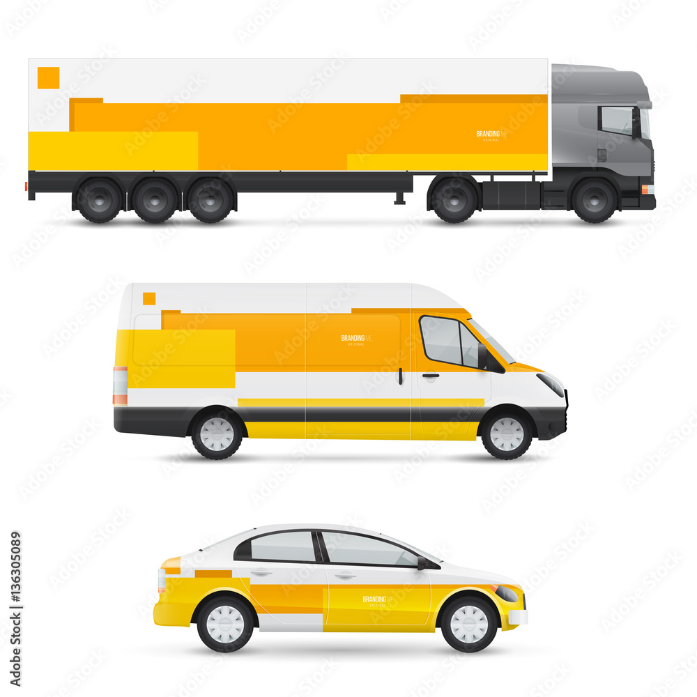Set of design templates for transport. Mockup of passenger car, bus and van. Branding for advertising and corporate identity. Graphics elements. Set of design templates for transport. Mockup of passenger car, bus and van. Branding for advertising and corporate identity. Graphics elements.