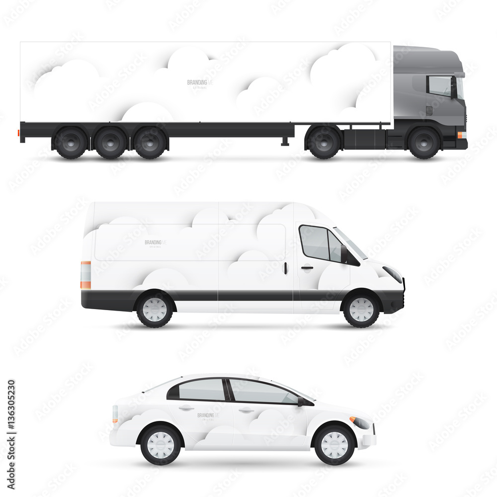 Set of design templates for transport. Mockup of passenger car, bus and van. Branding for advertising and corporate identity. Graphics elements.