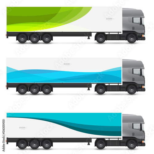 Mockup truck or van. Vehicles branding for advertising, business and corporate identity. Set of design templates for transport.