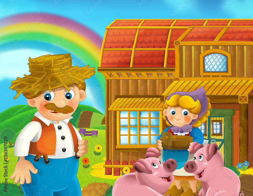 Naklejka premium Cartoon scene of man and woman working on the farm - illustration for children