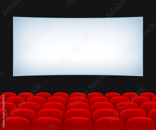 Movie Theater Hall. Rows of Red Seats and a Screen. 