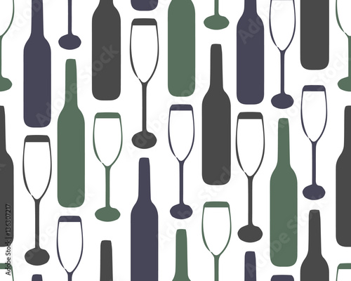 Wine bottles silhouette outline seamless pattern. Design elements for banners, markets, alcohol advertising, bars and vineyards.