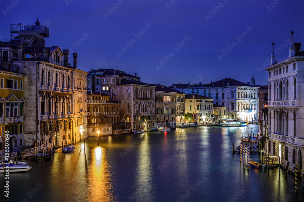 Typical old houses along Grand Channel (Canal Grande) at night, Venice (Venezia), Italy, Europe