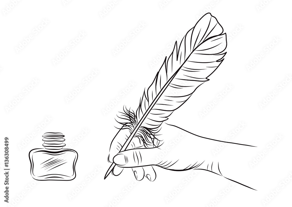 vector illustration of a hand holding feather pen Stock Vector | Adobe ...