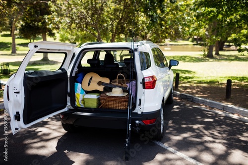Guitar, fishing rod, picnic basket in car trunk