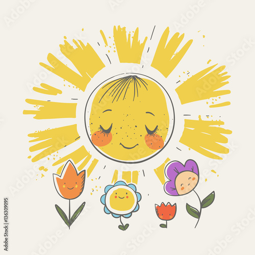 Cute little sun and flowers cartoon hand drawn vector illustration. Can be used for baby t-shirt print, fashion print design, kids wear, baby shower celebration greeting and invitation card.