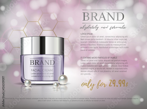 Premium VIP cosmetic ads, hydrating luxury facial cream for sale. Elegant soft purple color cream mask bottle isolated on glitter sparkles with pearls, gloss effect. 3D realistic vector illustration.