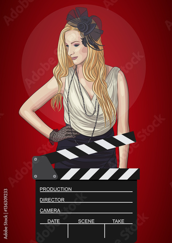 vector illustration of retro woman with film clapper