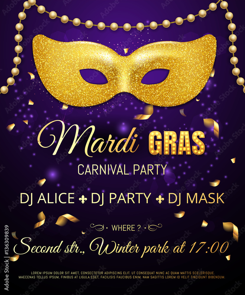 Gold glitter mask for Mardi Gras Tuesday carnival party poster o