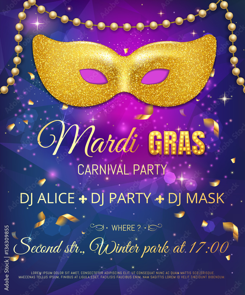 Gold glitter mask for Mardi Gras Tuesday carnival party poster o