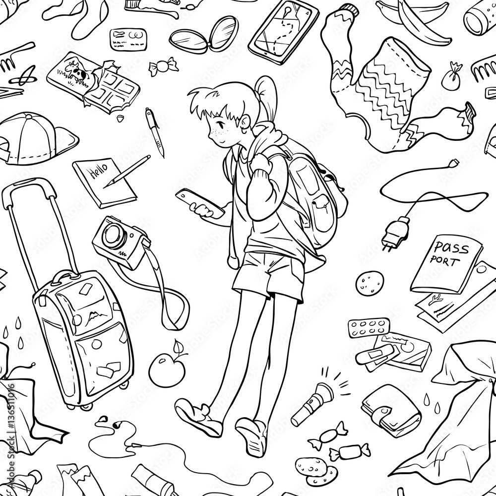 Illustration of girl and different stuff for traveling. Seamless pattern for coloring. Black and white, anti-stress. Adult and children coloring books.