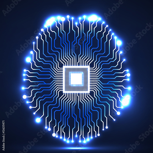 Neon brain. Cpu. Circuit board. Abstract technology background