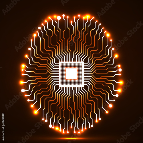 Neon brain. Cpu. Circuit board. Abstract technology background