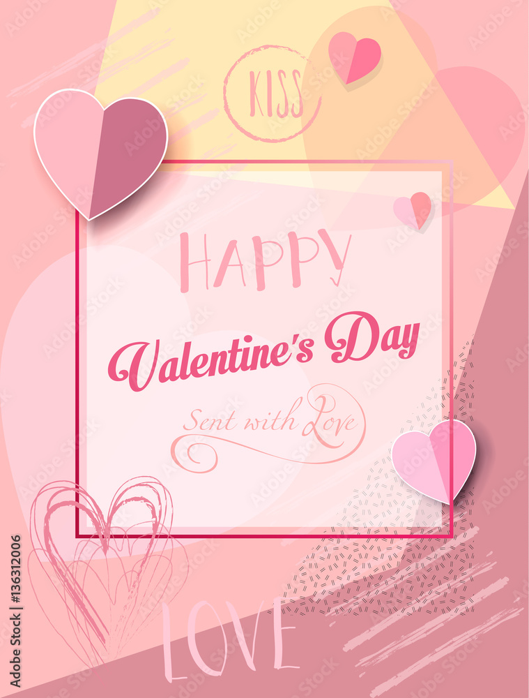 Happy Valentines Day greeting card vector template. Romantic poster with hearts, festive background. Love, poster, banner, hand made e-card. Advertising, design