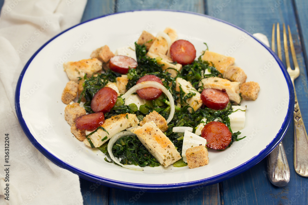 salad with grilled chicken and smoked sausage on plate salad with grilled chicken and smoked sausage on plate