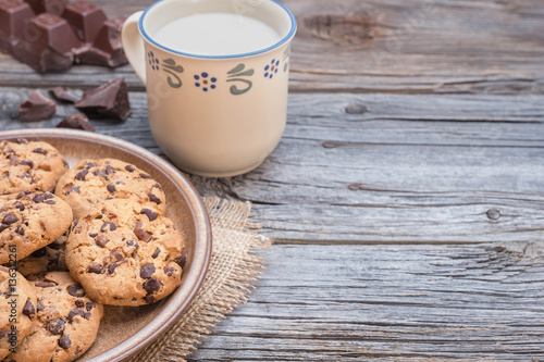 Chocolate chip cookies with milk photo