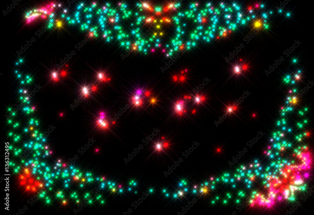 Pattern in the form of fir branches with cones and bells with glitter stars and sparks on a background of the night