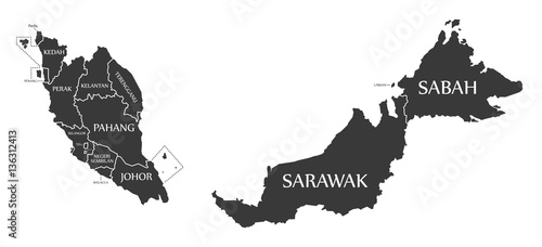 Malaysia Map labelled black illustration