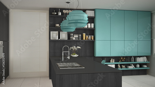 Minimalistic gray kitchen with wooden and turquoise details  min